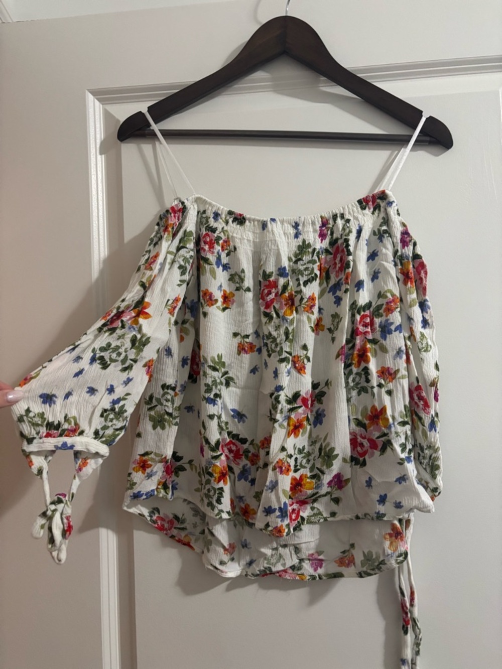White Floral Off-Shoulder Peasant Blouse with Tie Sleeves